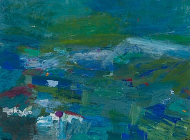 Morris Shulman (Am. 1912-1978), Blue Field, Casein on paper, framed under glass