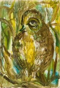Bernard Langlais (Am. 1921-1977), Owl, Watercolor and pencil on paper, framed under glass