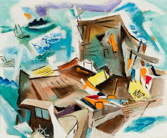 Emily Muir (Am. 1904-2003), "Fish Wharf", Oil on canvas, framed