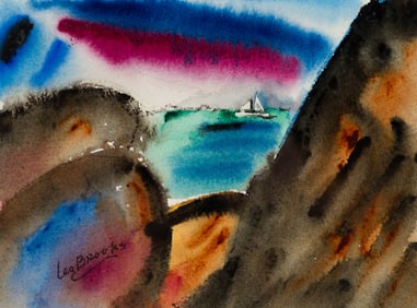 Leo Brooks (Am. 1909-1993), Sailboat and Rocks, Watercolor on paper, framed under glass