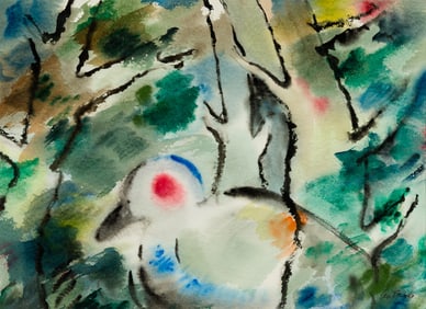 Leo Brooks (Am. 1909-1993), Seagull and Trees, Watercolor on paper, framed under glass