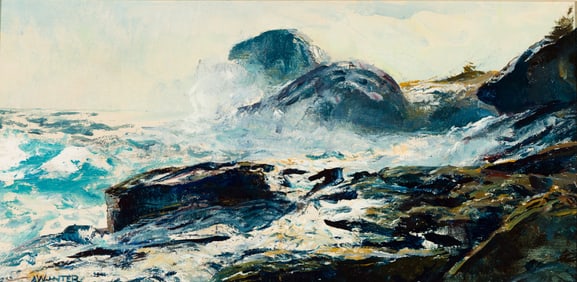 Andrew Winter (Estonian/Am. 1892-1958), Gull Rock, Monhegan, Oil on panel, framed