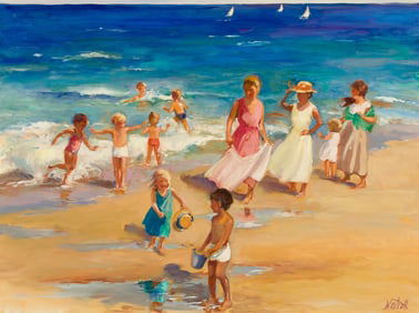 Carol Whorf Westcott (Am. 1926-2008), Women and Children at the Beach, Oil on canvas, framed