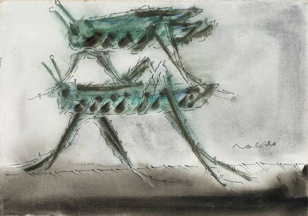 Francisco Toledo (Mexican 1940-2019), Two Crickets, Watercolor and ink on paper, framed under glass: Francisco Toledo (Mexican 1940-2019) Two Crickets Watercolor and ink on paper, framed under glass Signed l.r. 7" x 9 7/8" actual, 15 1/4" x 18 1/4" framed Provenance: