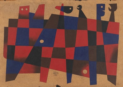 Carlos Mérida (Guatemalan 1891-1984), Three Figures, 1981, Oil on fiberboard, unframed