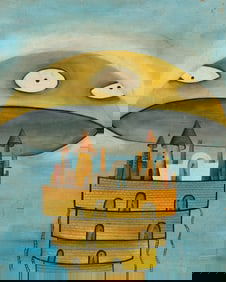 Xul Solar (Argentine 1887-1963), Ciudad Volante, 1949, Watercolor on paperboard, framed under glass