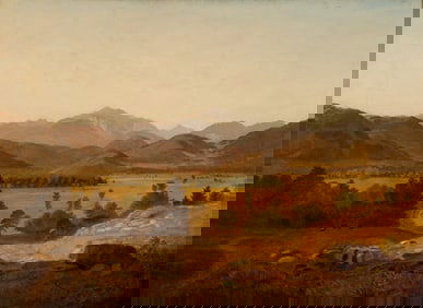 Attributed to Benjamin Champney (Am. 1817-1907), Landscape with Artist, Oil on canvas, framed