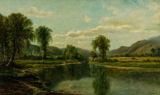 Edmund Darch Lewis (Am. 1835-1910), "River View Near Stowe" 1880, Oil on canvas, framed: Edmund Darch Lewis (Am. 1835-1910) "River View Near Stowe" 1880 Oil on canvas, framed Signed and dated l.r., titled on crossbar verso 29 7/8" x 49 7/8" actual, 33 5/8" x 53 5/8" framed