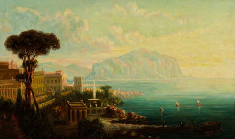 George Loring Brown (Am. 1814-1889), "Mt. Pellegrino and Bay of Palermo (Sun-rise)" 1879, Oil on