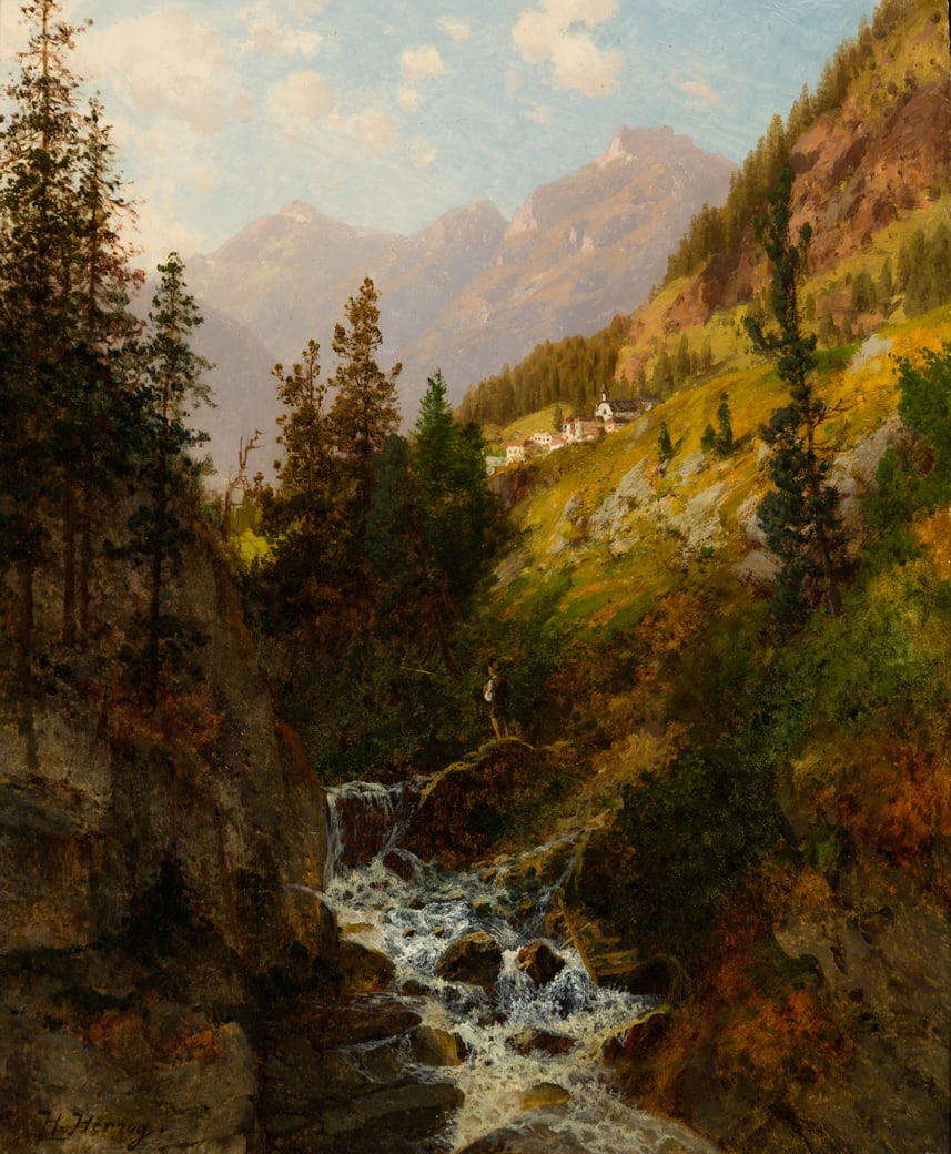 Hermann Herzog (Ger./Am. 1832-1932), Mountain Stream with Fisherman, Oil on panel, framed: Hermann Herzog (Ger./Am. 1832-1932) Mountain Stream with Fisherman Oil on panel, framed Signed l.l. 17 1/2" x 14" actual, 25" x 22 1/8" framed Provenance: Pr
