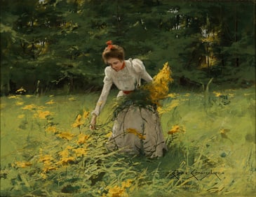 Charles Chambers (Am. 1883-1941), Young Lady Picking Wildflowers, Oil on canvas, framed