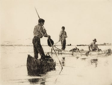Frank Weston Benson (Am. 1862-1951), Two Canoes, Etching, framed under glass