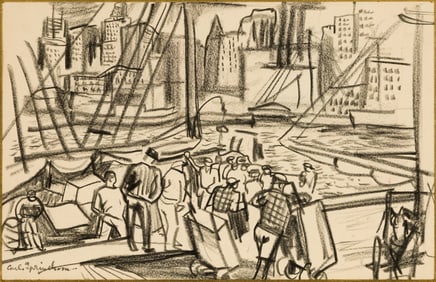 Carl Sprinchorn (Am. 1887-1971), Dockside, Charcoal on paper, framed under glass
