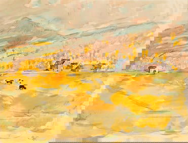 Carl Sprinchorn (Am. 1887-1971), Autumn Grazing Cows, Watercolor on paper, framed under glass