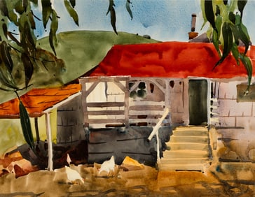 James Fitzgerald (Am. 1899-1971), Farmhouse with Chickens, Watercolor on paper, framed under glass