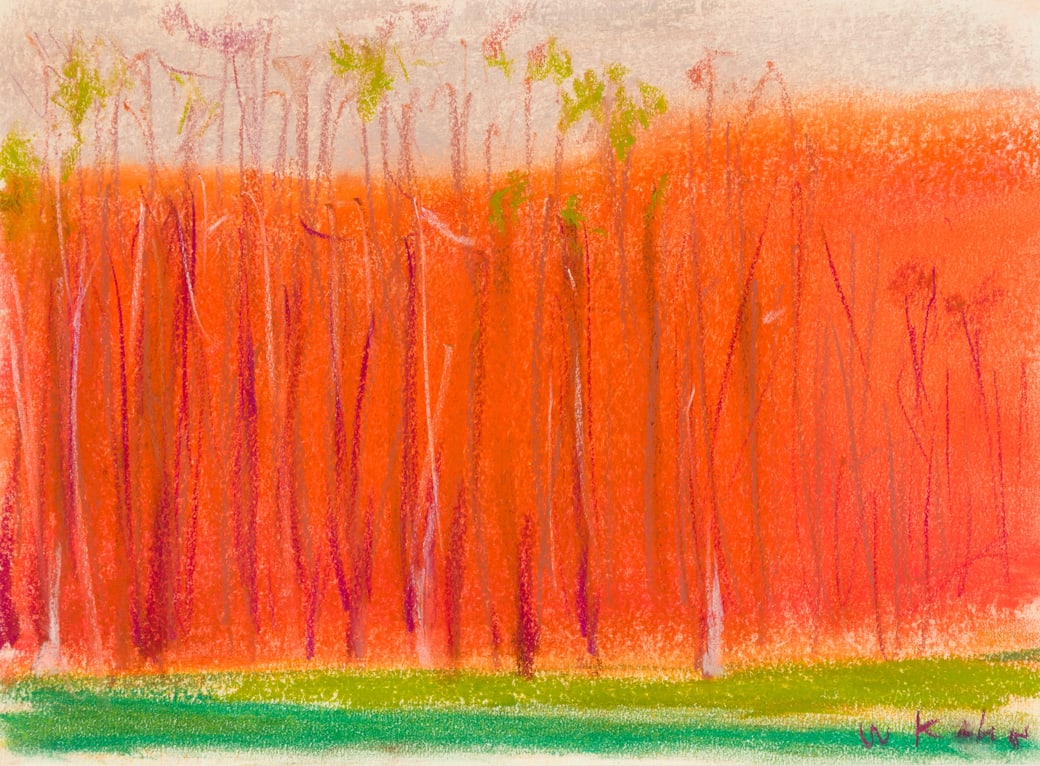 Wolf Kahn (Am. 1927-2020), Orange Treeline, Pastel on paper, framed under glass: Wolf Kahn (Am. 1927-2020) Orange Treeline Pastel on paper, framed under glass Signed l.r. 8 5/8" x 11 3/4" sight, 14 7/8" x 18 1/8" framed Provenance: Privat