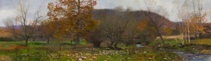 Ann Lofquist (Am. b. 1964), Autumn Sycamore Near Stream with Bridge, 2003, Oil on panel, framed