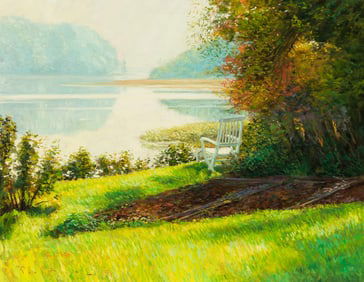 Paul Black (Am. 1951-2014), White Chair by the Lake, Oil on canvas, framed