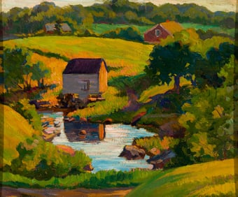 Gertrude Nason (Am. 1890-1965), "Setting Sun" Round Pond, Maine, 1924, Oil on board, framed