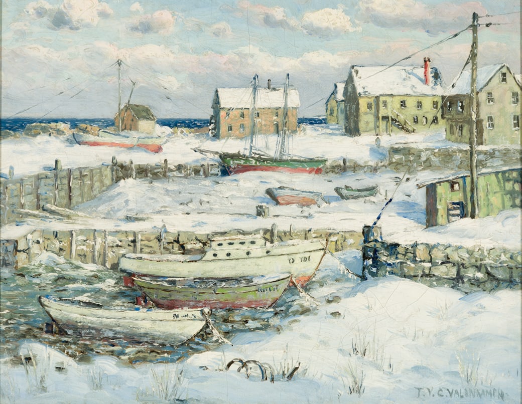 Theodore Victor Carl Valenkamph (Swe./Am. 1868-1924), Winter Harbor, Oil on canvas, framed (1 of 6)
