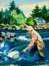Hardie Gramatky (Am. 1907-1979), Fly Fishing Scene, Watercolor on paper, framed under glass