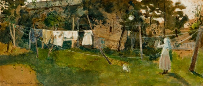 Rhoda Holmes Nicholls (Am. 1854-1930), Washer Woman, Watercolor and gouache on paper, framed under