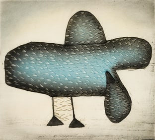 Sheojuk Etidlooie (Inuit 1932-1999), "Bird in Blue" 1998, Etching and aquatint, framed under glass