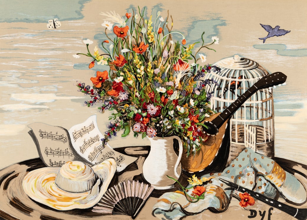 Marcel Dyf (Fr. 1899-1985), Still Life with Flowers, Mandolin and Bird, Tempera on cotton, framed: Marcel Dyf (Fr. 1899-1985) Still Life with Flowers, Mandolin and Bird Tempera on cotton, framed Signed l.r. 43 1/8" x 60 1/8" actual, 46 1/4" x 63 1/4" framed Provenance: </