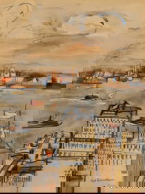 Carl Sprinchorn (Am. 1887-1971), New Jersey Shore from Manhattan, Watercolor and pastel on paper,