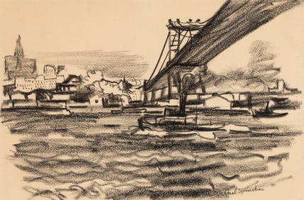 Carl Sprinchorn (Am. 1887-1971), New York Bridge, Crayon on paper, framed under glass