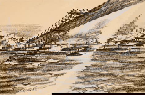 Carl Sprinchorn (Am. 1887-1971), New York Bridge, Crayon on paper, framed under glass: Carl Sprinchorn (Am. 1887-1971) New York Bridge Crayon on paper, framed under glass Signed l.r. 9 1/2" x 14 1/2" sight, 16 3/4" x 21 1/8" framed Provenance: