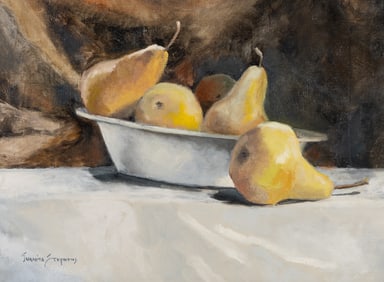 Juanita Stephens (Am. 1918-2018), "Still Life with Pears" 1975, Oil on canvas, framed