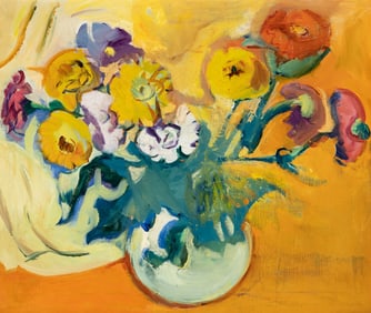 Carl Sprinchorn (Am. 1887-1971), "Flowers in Round White Bowl", Oil on canvas, framed