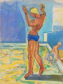 Carl Sprinchorn (Am. 1887-1971), Diver at Pool, Watercolor and pastel on paper, framed under glass