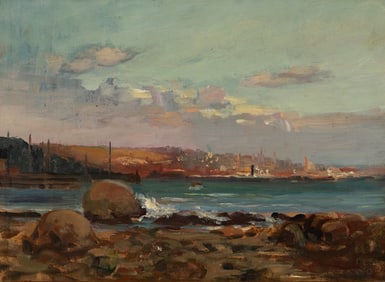 Frederick Lincoln Stoddard (Can./Am. 1861-1940), Boston Harbor, Oil on panel, framed in Guido frame