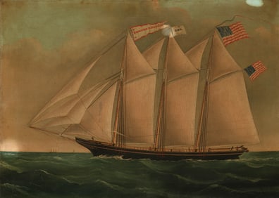 Attributed to William Pierce Stubbs (Br. 1842-1909), Three Masted Schooner Edward R. Bennet Flying a