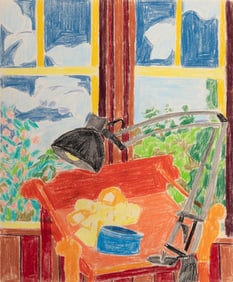 Lynne Drexler (Am. 1928-1999), "Lamp in Window" 1983, Colored pencil on paper, framed under glass