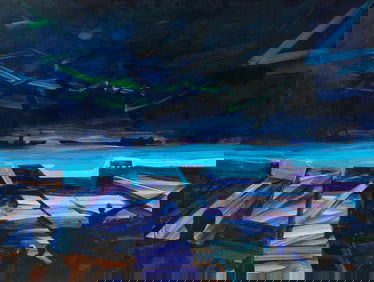 John Hultberg (Am. 1922-2005), "Departure" 1977, Acrylic on board, framed