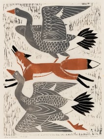 Dahlov Ipcar (Am. 1917-2017), "Fox + Geese" 1980, Woodblock print, framed under glass