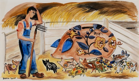 Dahlov Ipcar (Am. 1917-2017), "Piggy Bank Farm" 1950, Watercolor on paper laid to board, framed