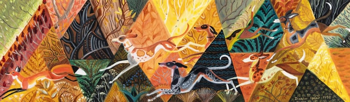 Dahlov Ipcar (Am. 1917-2017), "October Hunt" 1998, Oil on linen, framed