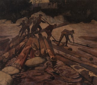 George Hallowell (Am. 1871-1926), Log Driving, Watercolor on paper, framed under glass