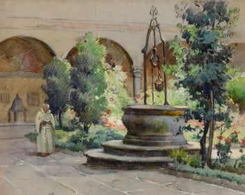 Mabel May Woodward (Am. 1877-1945), The Monastery, Watercolor and charcoal on paper, framed under