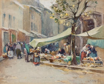 Mabel May Woodward (Am. 1877-1945), Market Gathering, Watercolor on paper, framed under glass