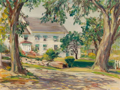 Florence White Williams (Am. 1895-1953), "This is New England" Rockport, Massachusetts, Oil on: Florence White Williams (Am. 1895-1953) "This is New England" Rockport, Massachusetts Oil on board, framed Signed l.r., titled and inscribed "Pickham's Rockport, Mass" verso 17 7/8" x 23 3/4"