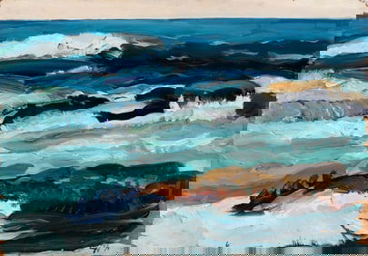 Chris Huntington (Am. b. 1938), "The Surf, Monhegan" 1971, Oil on panel, framed