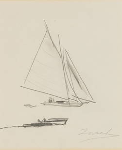 William Zorach (Am. 1887-1966), Sailboat, Pencil on paper, framed under glass: William Zorach (Am. 1887-1966) Sailboat Pencil on paper, framed under glass Signed l.r., copy of a note from Peggy Zorach attached to backing 8 1/4" x 7" sight, 14 3/16" x 12 11/16" framed