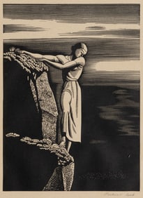 Rockwell Kent (Am. 1882-1971), "Girl on Cliff" 1930, Wood engraving on paper, framed under glass