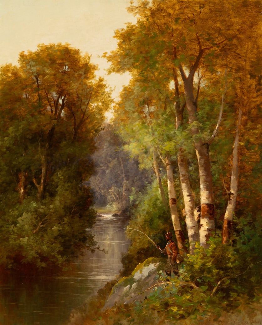 William Ongley (Br./Am. 1836-1890), Fishing in the Adirondacks, Oil on canvas, framed: William Ongley (Br./Am. 1836-1890) Fishing in the Adirondacks Oil on canvas, framed Signed l.r. 27" x 22" actual, 36 1/2" x 31 1/2" framed Provenance: Priva