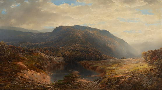Willliam Louis Sonntag (Am. 1822-1900), Mountain View, 1873, Oil on canvas, framed: Willliam Louis Sonntag (Am. 1822-1900) Mountain View, 1873 Oil on canvas, framed Signed and dated l.l., Clars Auction Gallery label and Shannons Fine Art Auctioneers label on backing 20 1/8"